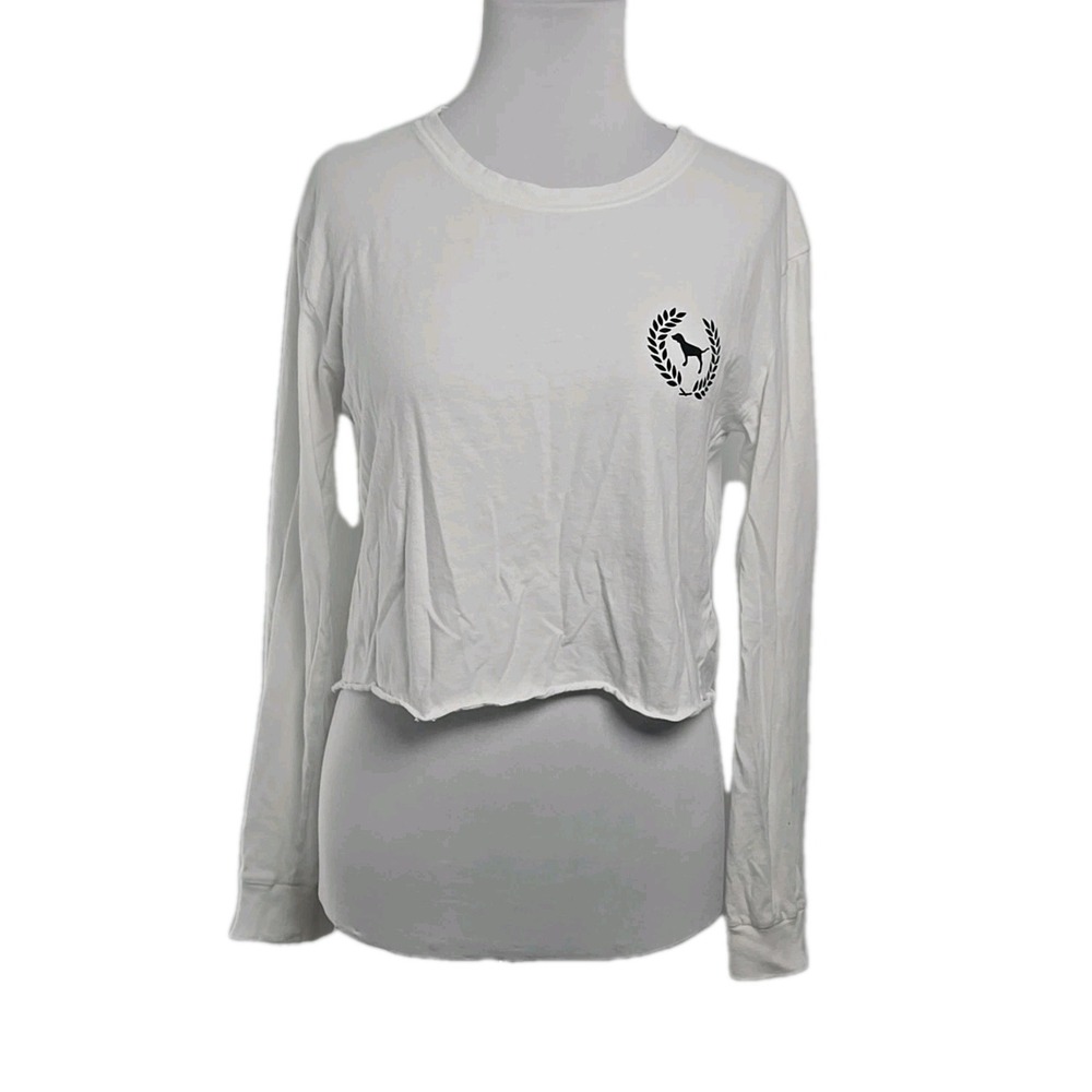 Victoria's Secret LOVE PINK White Cotton Cropped Long Sleeve T-shirt Top Medium